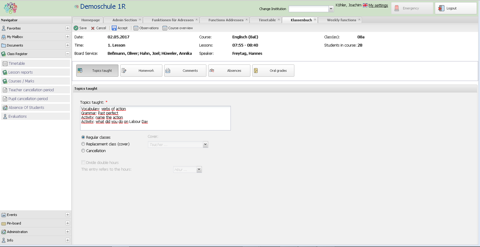 Class Register - Documentation of lesson