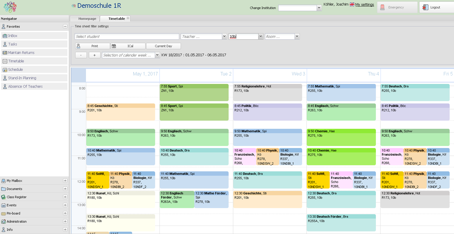 Intelligent Timetable - Class View, weekly